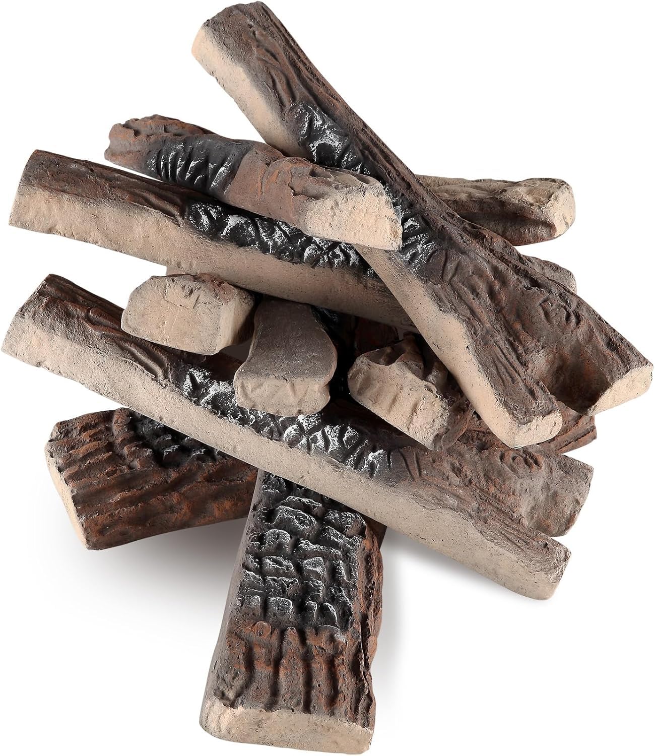 Set di 10 grandi ciocchi in ceramica per caminetto a bioetanolo, senza fumo, decorativi, resistenti al calore, impilabili, effetto legno per focolare, propano, elettrico, gas, inserto di
