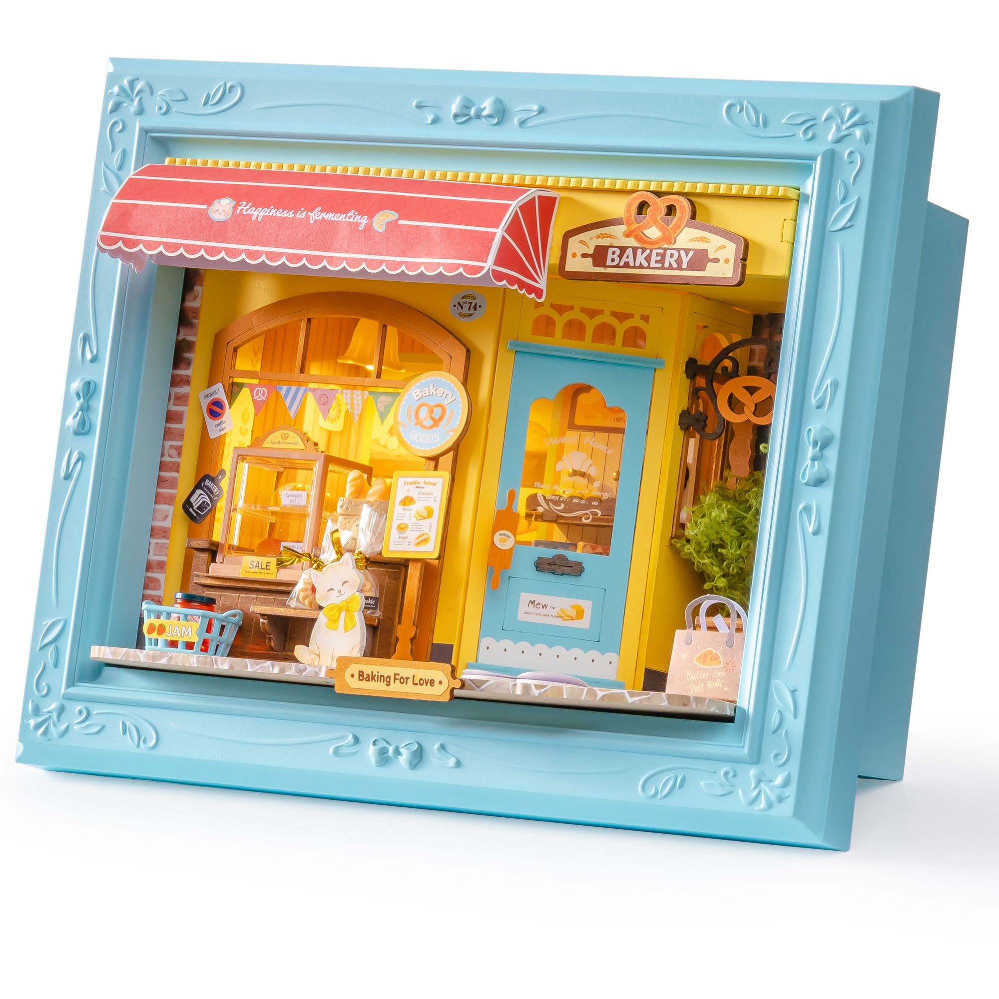 Rolife DIY Miniaturhaus Fluffy Cat Bäckerei, 146-teiliges Holz 3D-Puzzle für Erwachsene, wandmontierbares Steckmodell mit berührungsaktivierten LED-Lichtern, Framed Wall Art DP001