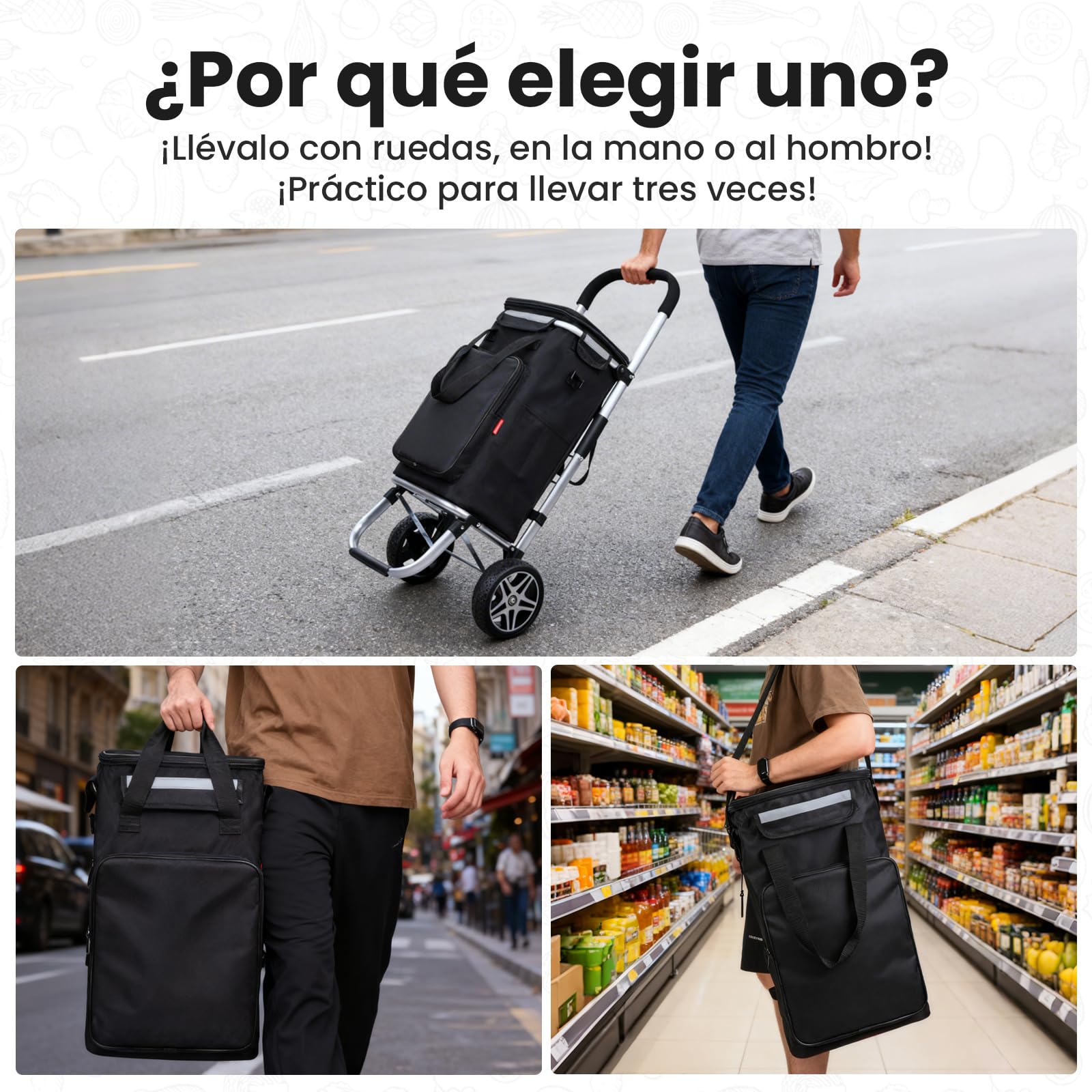 YEAUPE PRO Carro de la Compra, MAX 50L de Capacidad - Carrito de 2 Ruedas, 3 en 1 con Bolsa Térmica Desmontable - para Compra Semanal, Picnic o Viaje - Negro