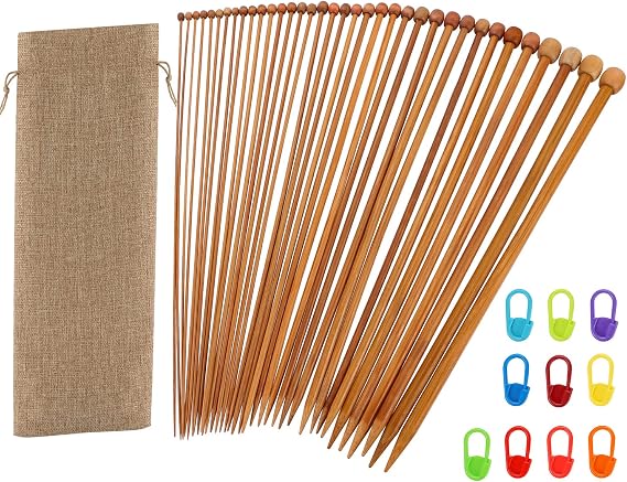 14 Inch Bamboo Knitting Needles Set, BENBO 18 Pairs Single Pointed Knitting Needle Straight Wooden Needles for Beginners Long Wood Knitting Needles with Storage Bag and Stitch Markers (36 Pieces)