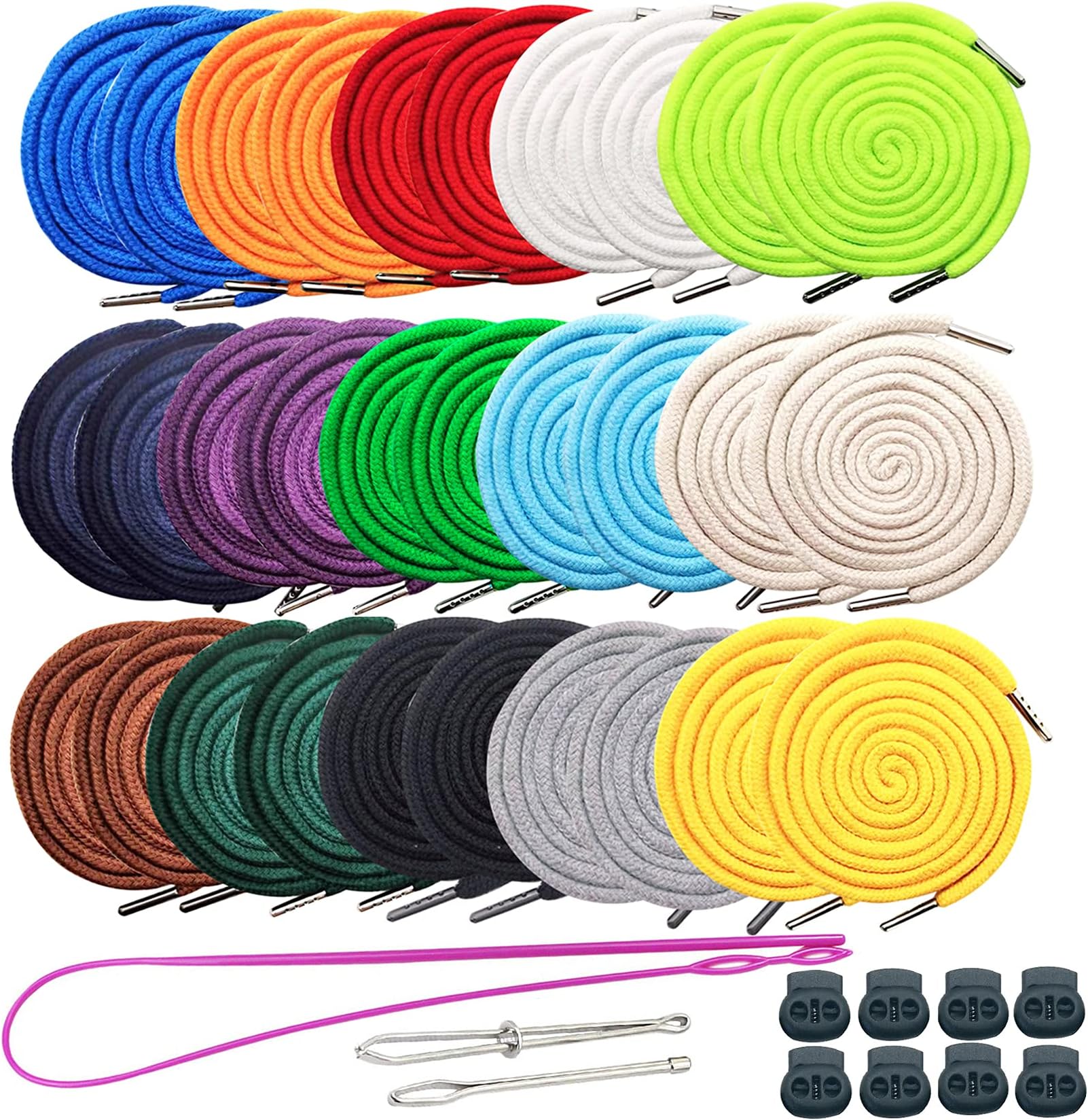 Luckkyme 30 Pack Replacement Drawstrings Drawcords for Pants Sweatpants Hoodies Scrubs Jackets Shorts, with 3 Pieces Drawstring Threader Tool 53" Long