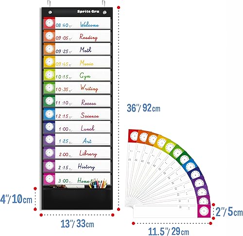 Miniatura 2 de Tabla de bolsillo para horario diario, tablas de aula con 13+1 bolsillos, 13 tarjetas de colores reutilizables de doble cara, 13 en blanco y 2