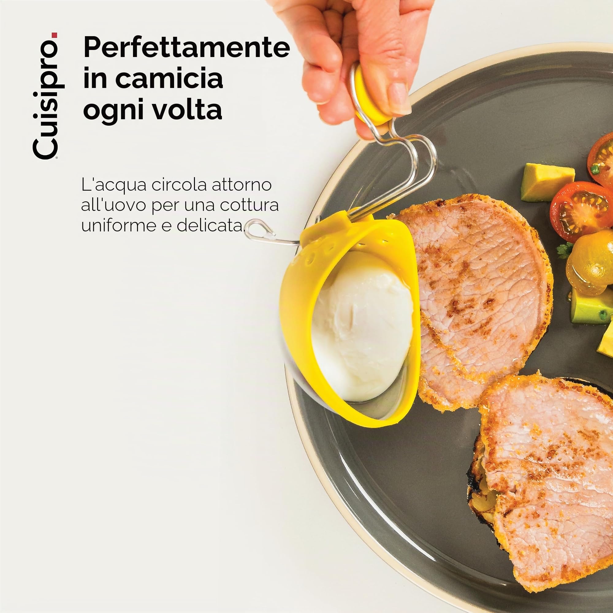 Cuisipro Set poach Pod 2 Pezzi con Gancio Regolabile, Acciaio Inox 18/10 e plastica Senza BPA, 14 x 7 x 10 cm, Giallo e Bianco, Accessorio per Uova in Camicia, perfette Ogni Mattina