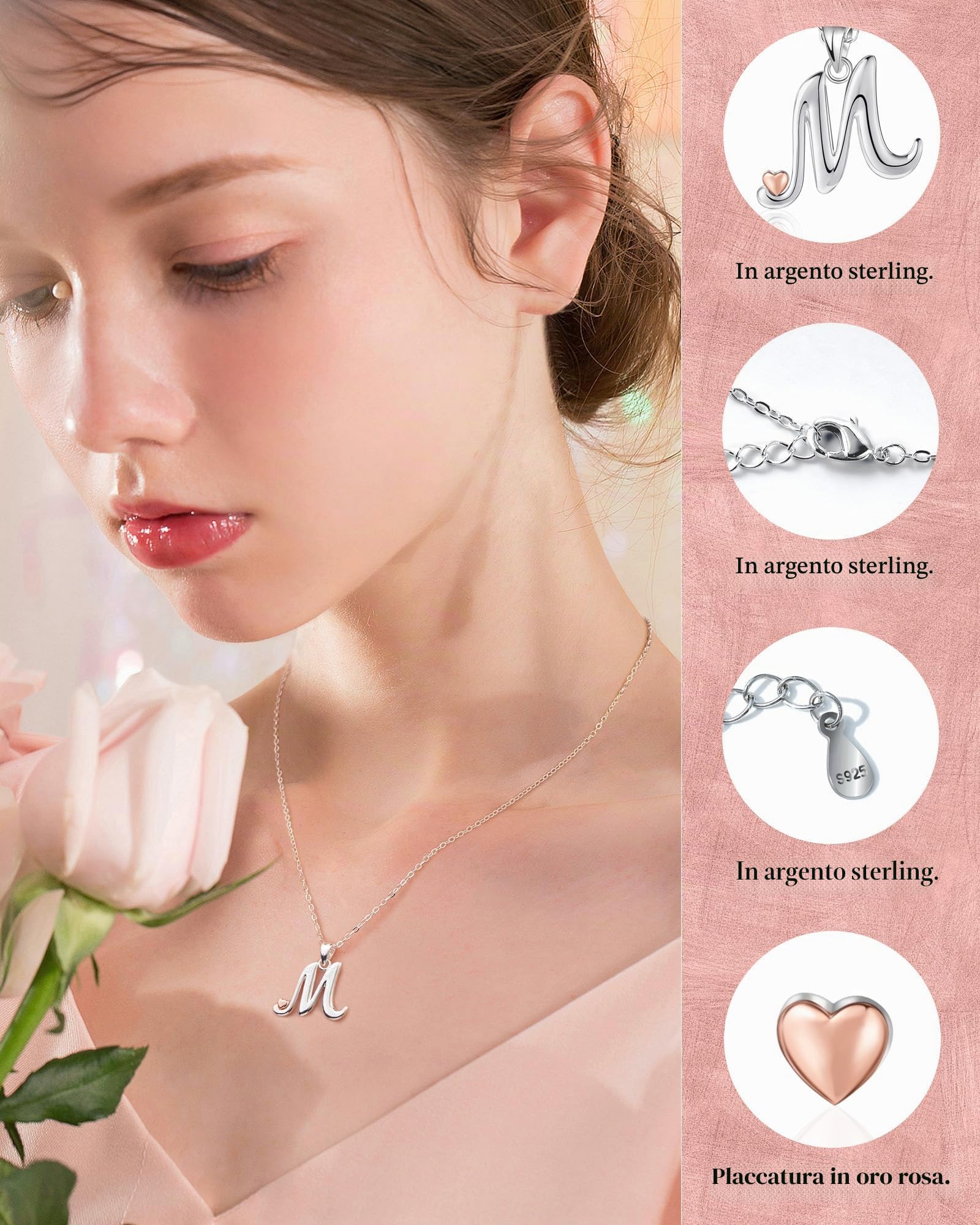 Mesovor Collane in Argento Sterling 925 per Donna, Delicata Collana con Nome Iniziale e Cuore in Oro Rosa, Regali di Gioielli per Fmiglia, Madre, Sorella, Figlia, Moglie