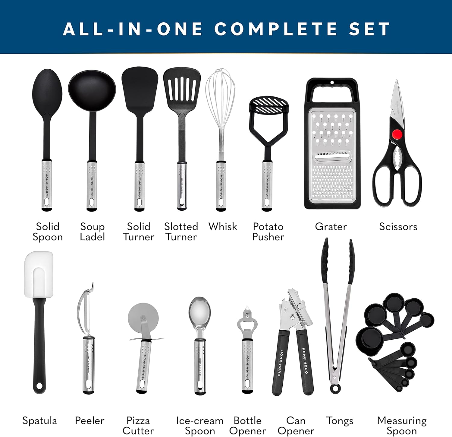 Home Hero 25pc Kitchen Utensil Set - Nylon & Stainless Steel Cooking Utensils - Non-Stick Kitchen Utensils with Spatula - Kitchen Gadgets Cookware Set - Kitchen Tool Set (25 Piece, Black) : Home & Kitchen