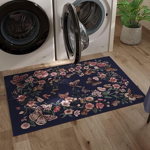 Miniatura 4 de Rugcomf Alfombra para Puerta de Entrada Interior 2x3 Alfombra Lavable a Máquina Boho Floral Mariposa Alfombra de Área Pequeña Antideslizante Pelo