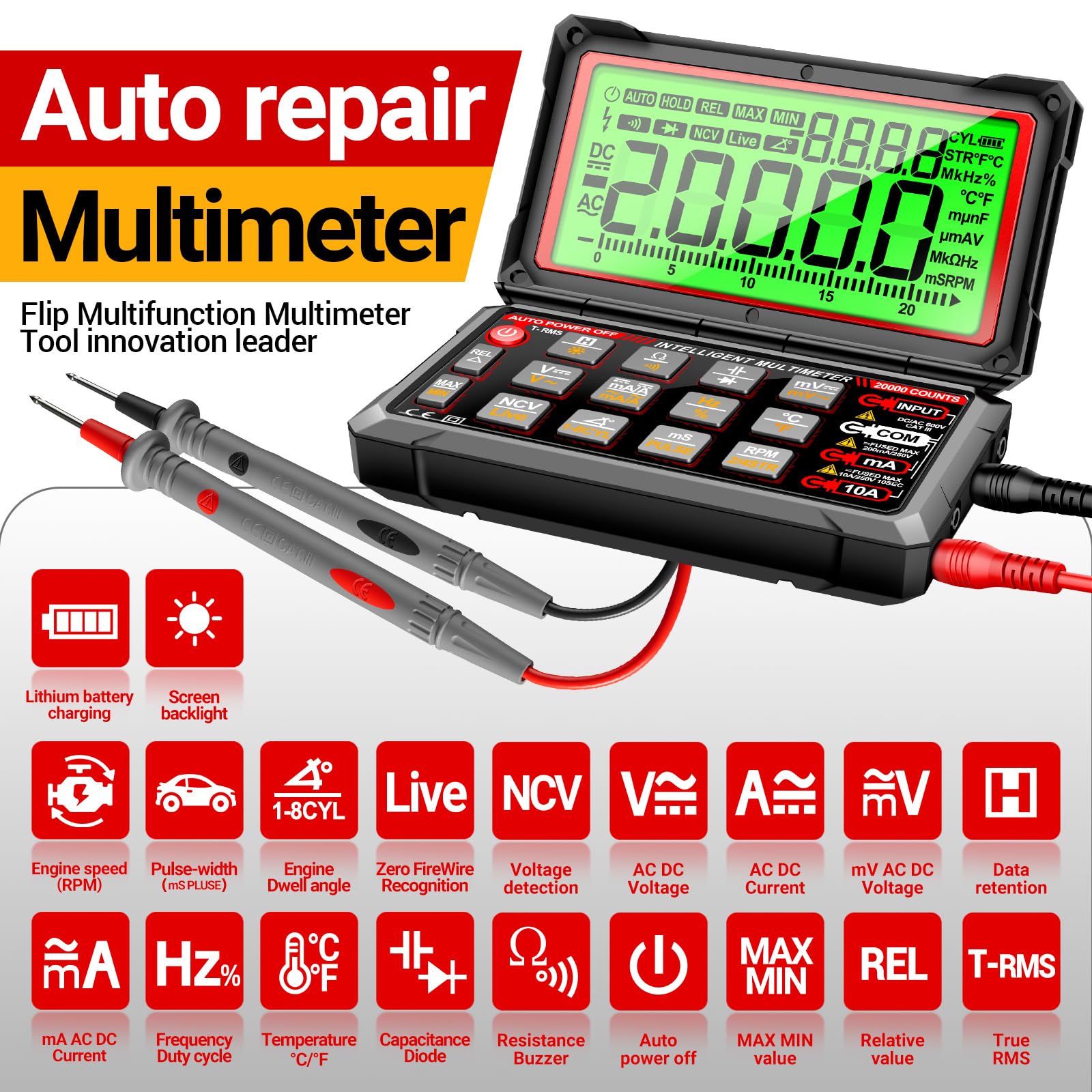 ANENG Multimeter,20.000 Counts Digitaler Kabelloser Kfz-Motoranalysator mit 300-19.999 U/Min Drehzahlmesser,AC/DC Strom,Spannung,Ohm,Hochklappbarem LCD-Display,Data-Hold-Tester für die Kfz-Diagnose