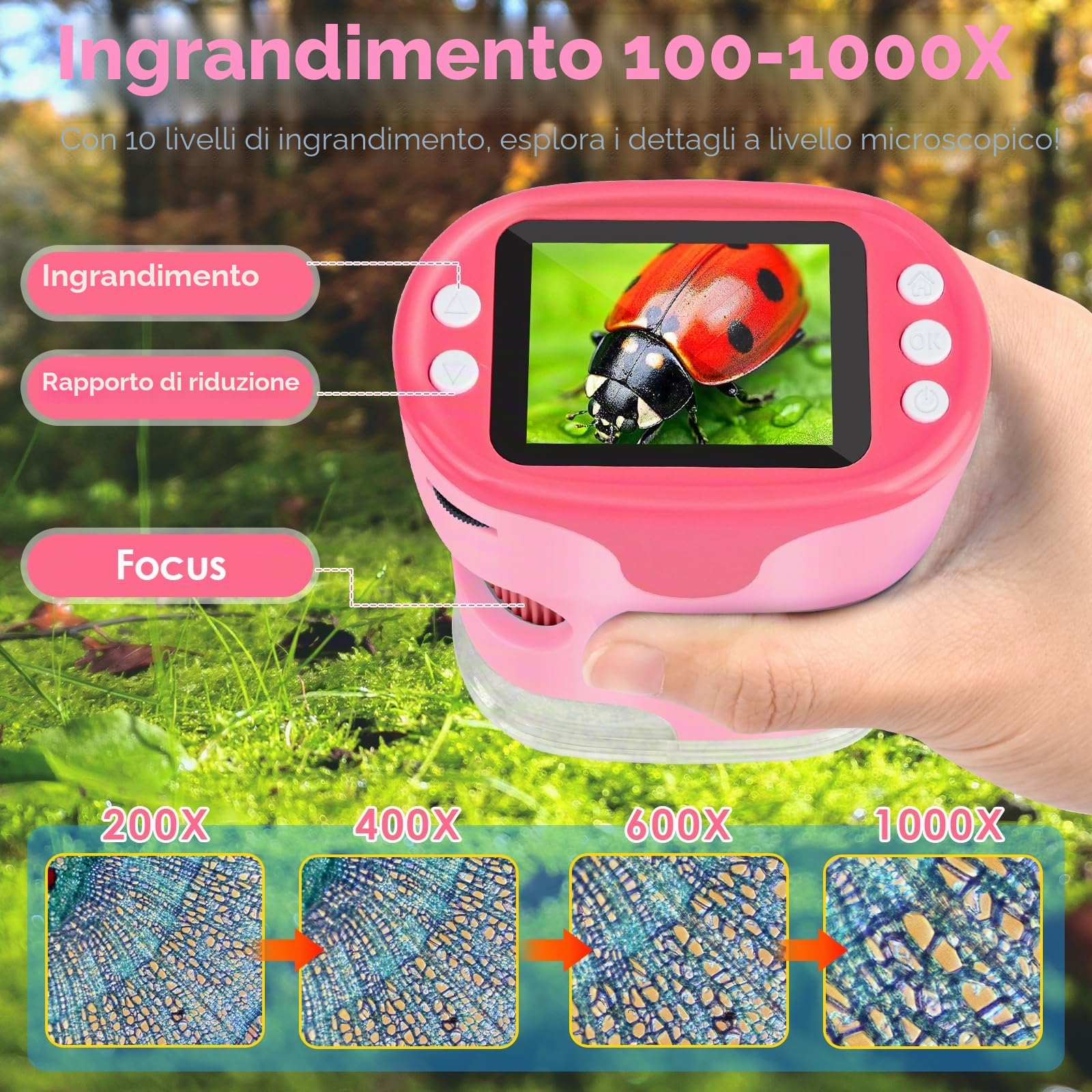 Microscopio per bambini, Vankarr 1000X Microscopio tascabile digitale portatile Mini microscopio per cellulare con scheda SD da 32GB, schermo IPS da 2 pollici, vetrini portaoggetti, regalo per bambini