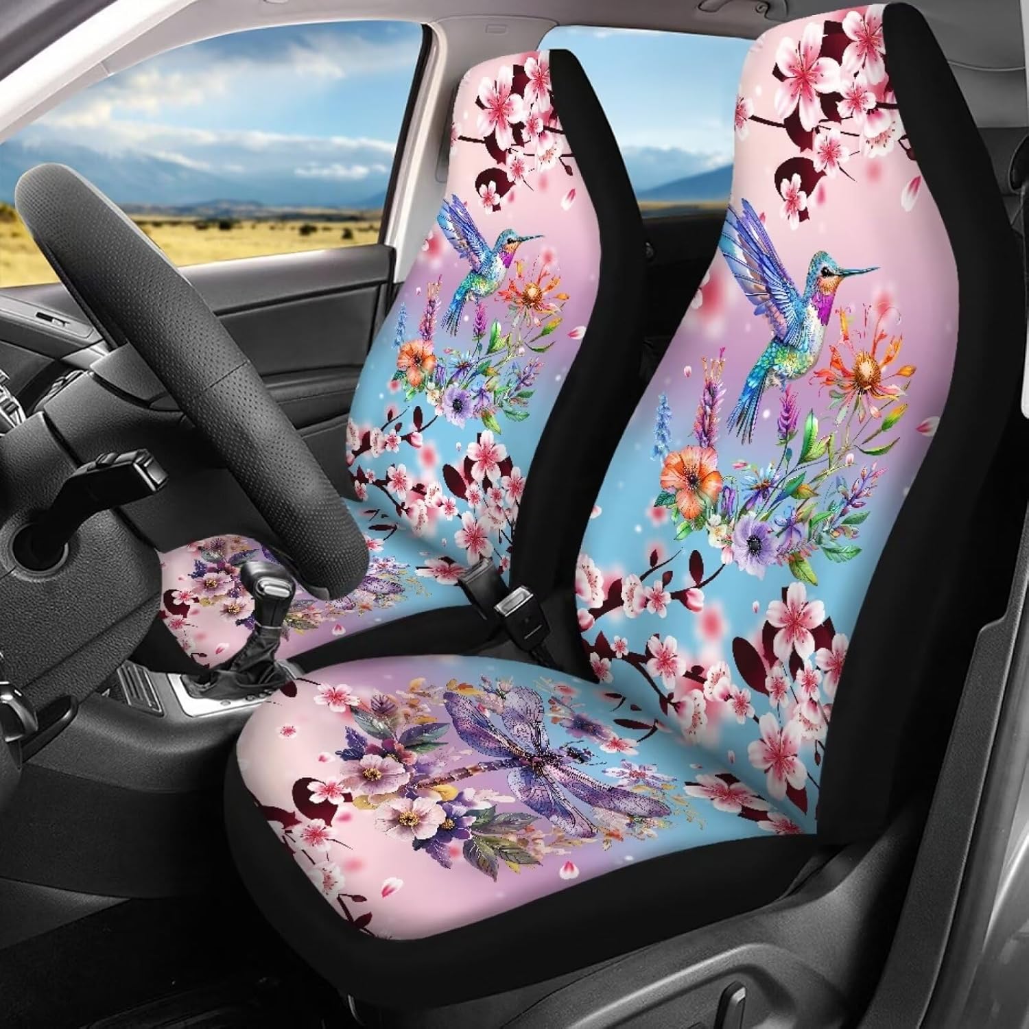 BIGCARJOB 13 Pack Hummingbird Flower Car Seat Cover Full Set for Auto Interior Seat Accessories Set,Cherry Bird Printed Auto Front Rear Seat Protector,Armrest Pads,Chapstick Keyring,Seat Belt Pads