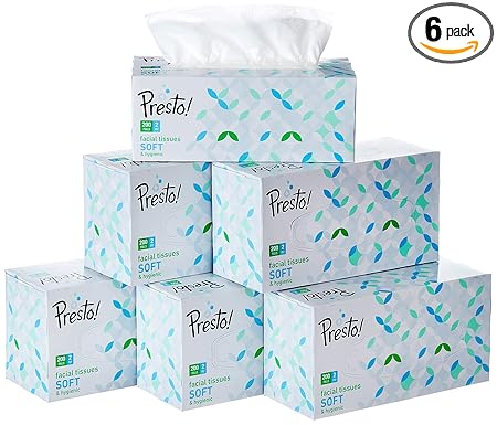 Amazon Brand - Presto! 2 Ply Facial Tissue Carton Box - 200 Pulls (Pack of 6)
