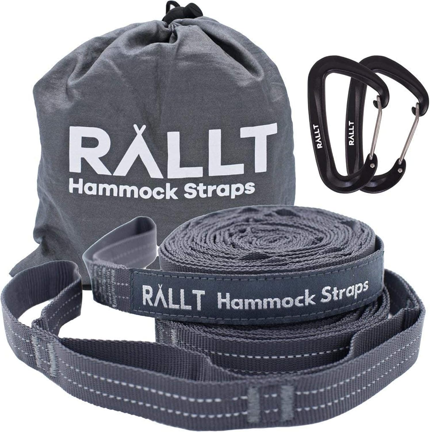 RALLT Hammock Tree Straps with Carabiners - Suspension System w/ 20ft of 2000+ lb Non-Stretch Polyester Straps & Wire Gate Carabiners - Portable Outdoor Gear for Camping & Hiking (Charcoal,1 Pack)