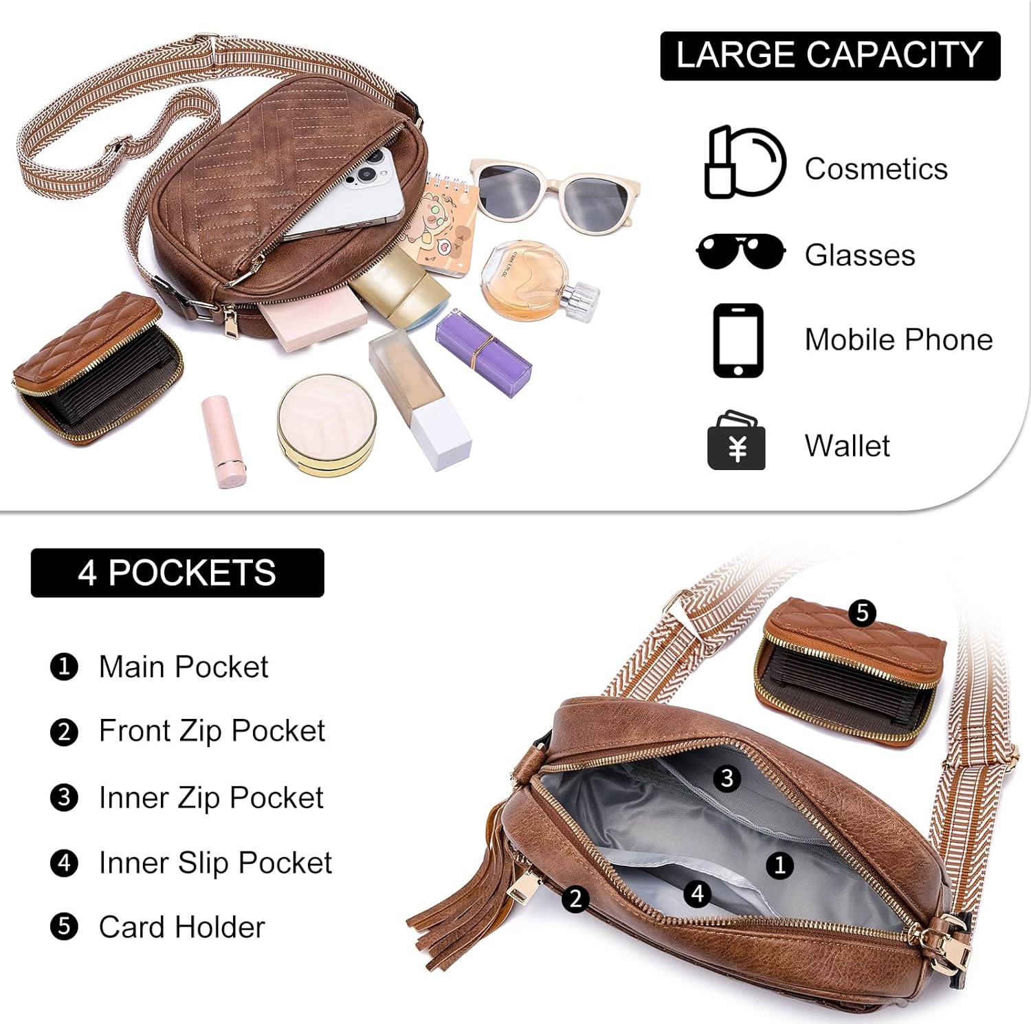 Crossbody Bags for Women Shoulder Handbags: Quilted Wallet Set Vegan Leather Purses with Tassel Adjustable Guitar Wide Strap