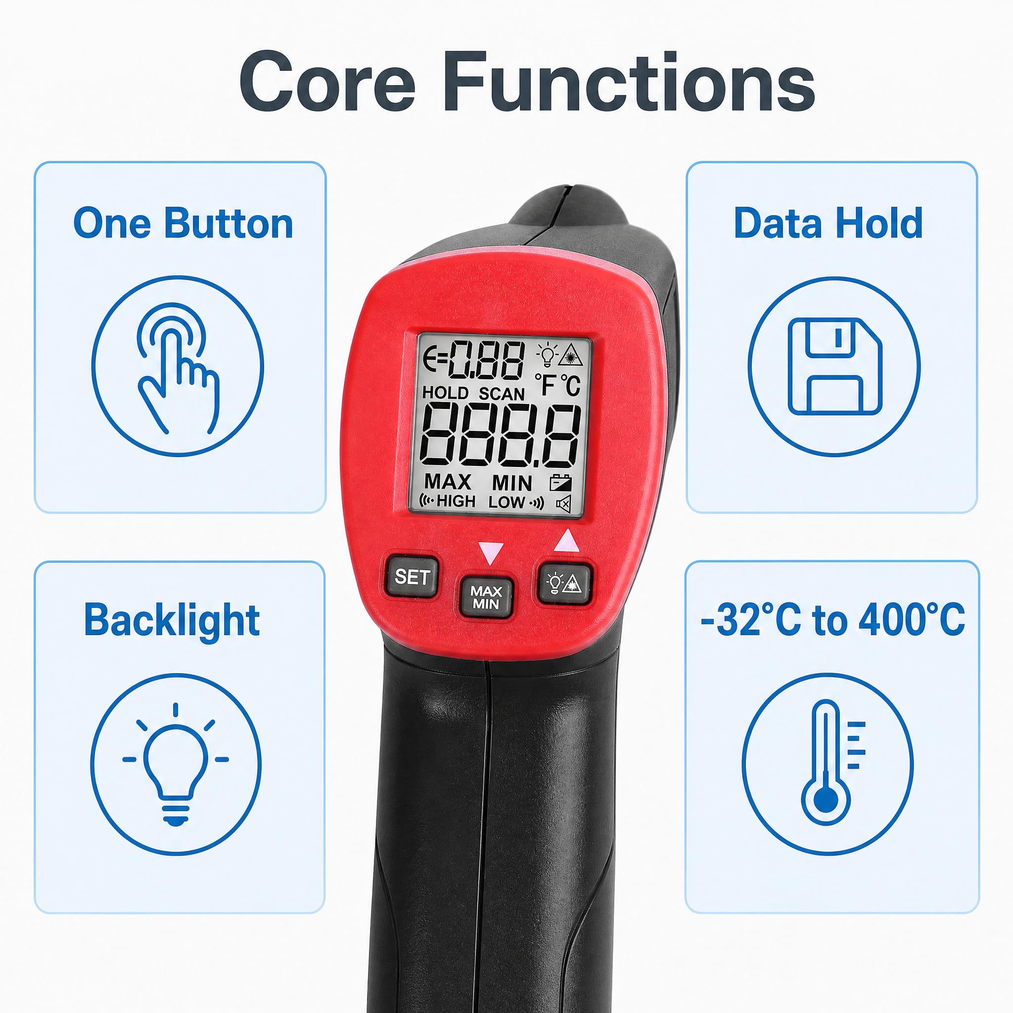 UNI-T UT300S Termometro Pistola Digitale ad Infrarossi -32°C~400°C / 25.6℉~752 ℉ LCD controluce