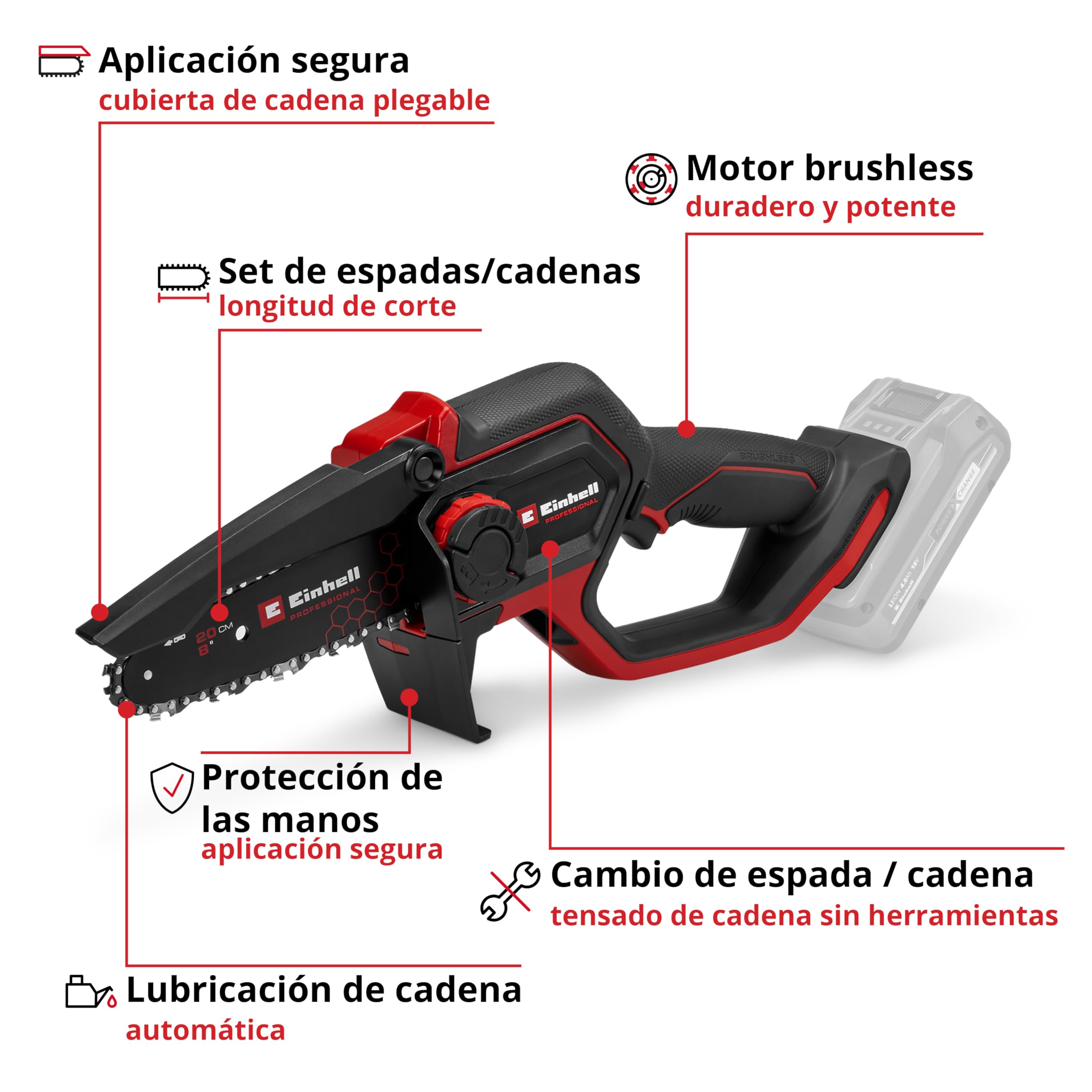 Einhell Professional motosierra de ramas con batería GP-PS 18/20 Li BL-Solo Power X-Change (18V, longitud de corte 15cm, brushless, velocidad de cadena 8m/s, lubricación de cadena autom., sin batería)