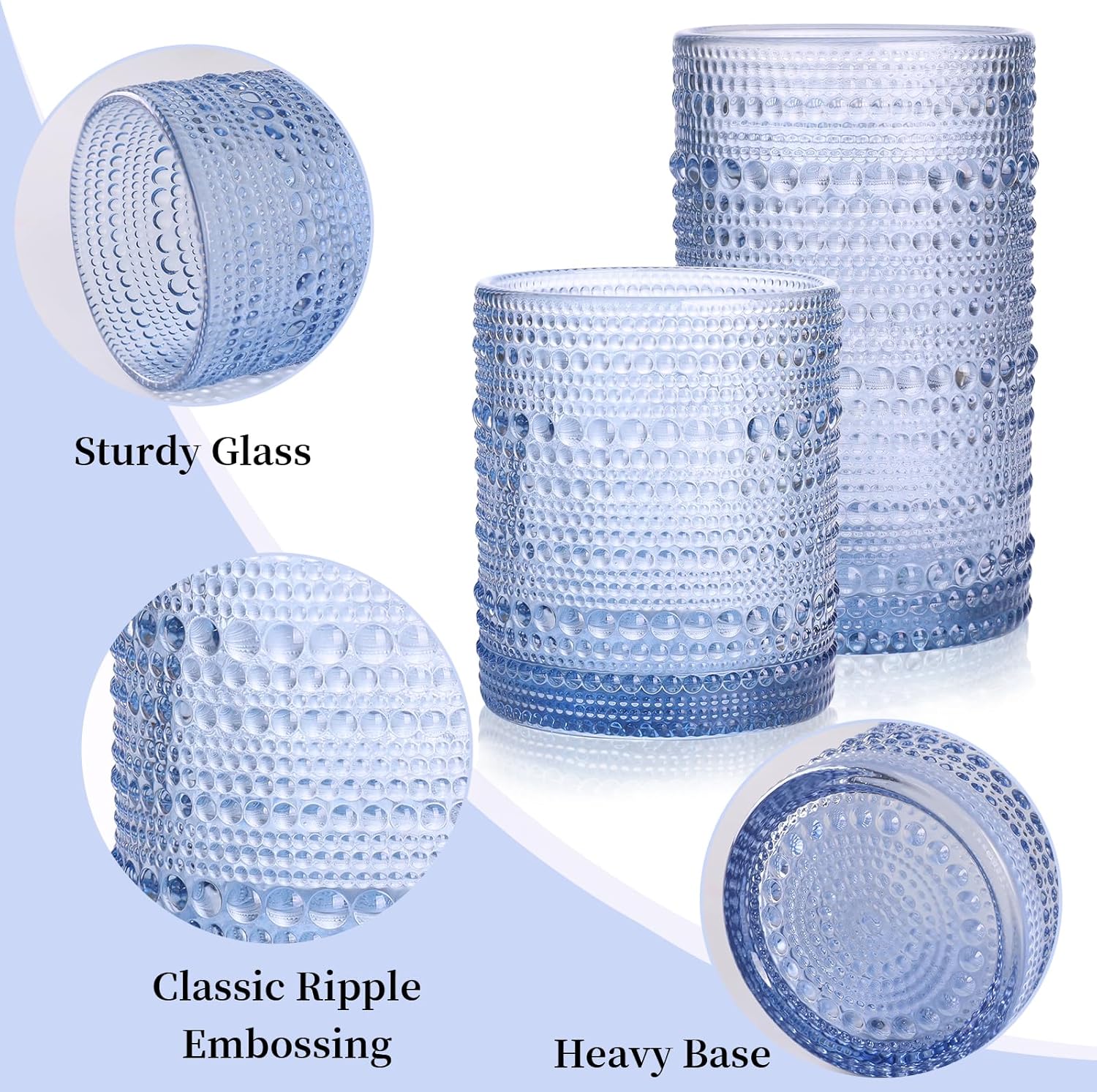 Airsky Blue Vintage Drinking Glasses Set of 4-2 Cocktail Glasses 10 oz & 2 Highball Glasses 12 oz, Fashioned Hobnail Glasses for Beer, Whiskey, Soda, Juice, Coffee, Party Supplies - Image 3