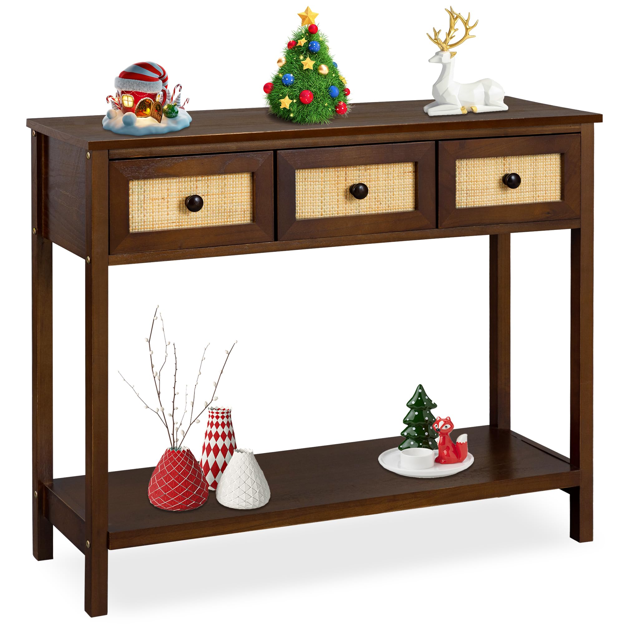 DMIDYLL Narrow Console Table with 3 Rattan Drawers, Solid Wood Long