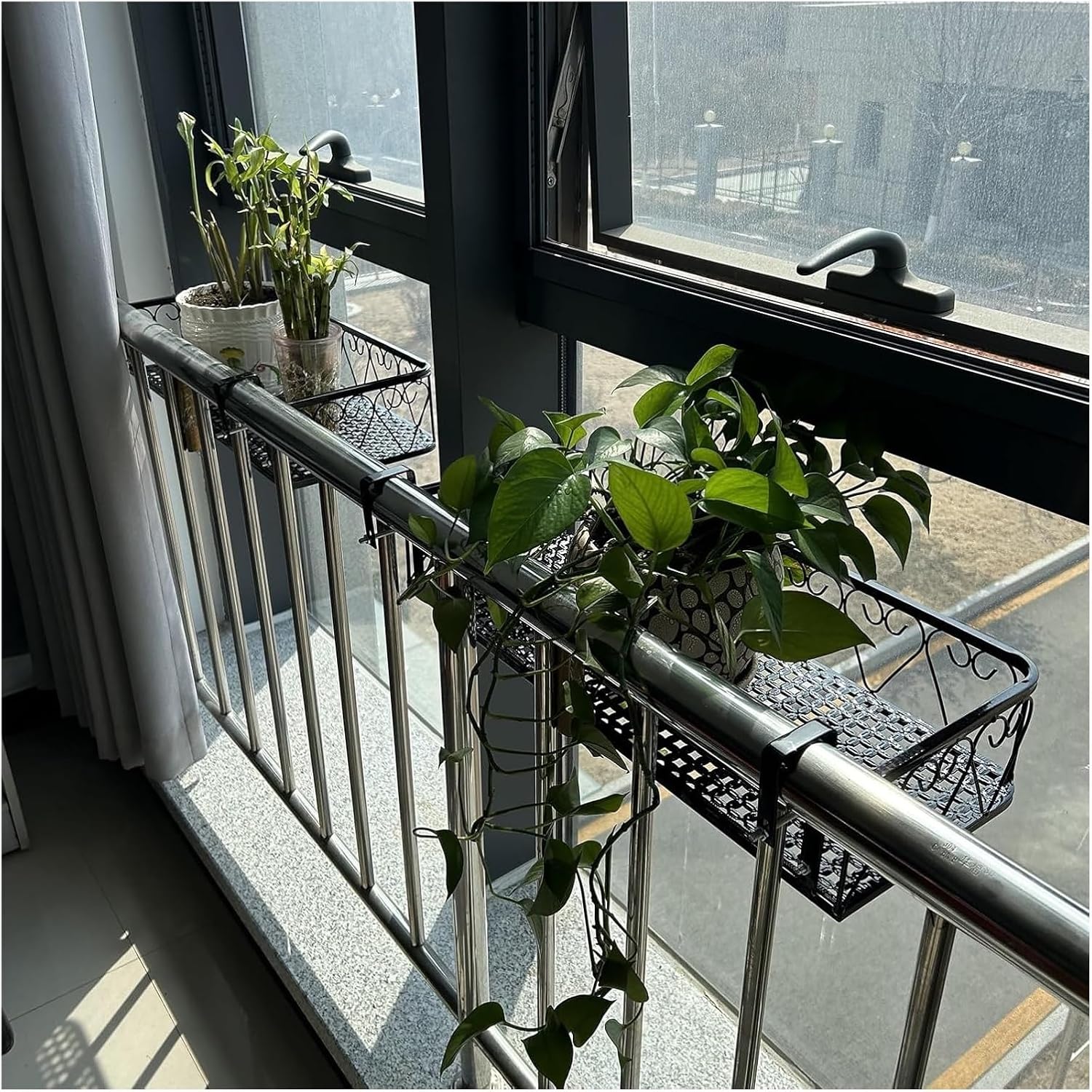 Black Iron Railing Planter - Stylish Fence Planters for Flowers, Window Sill Display Stand, Durable Hanging Shelf (25x120x12cm) - Perfect for Gardens & Balconies