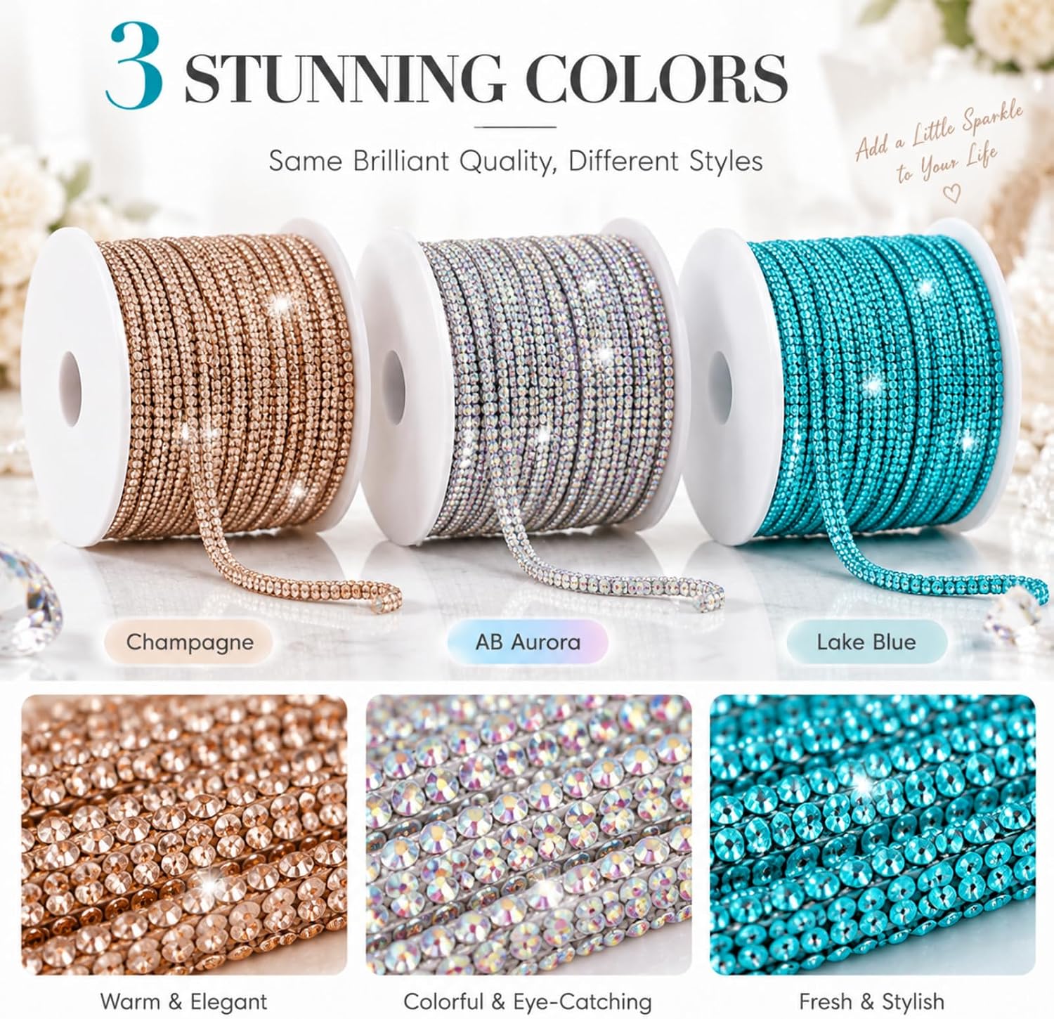 10Yards 4mm Crystal Rhinestone Cord,Round Rope Trim for Shoe（Blue）