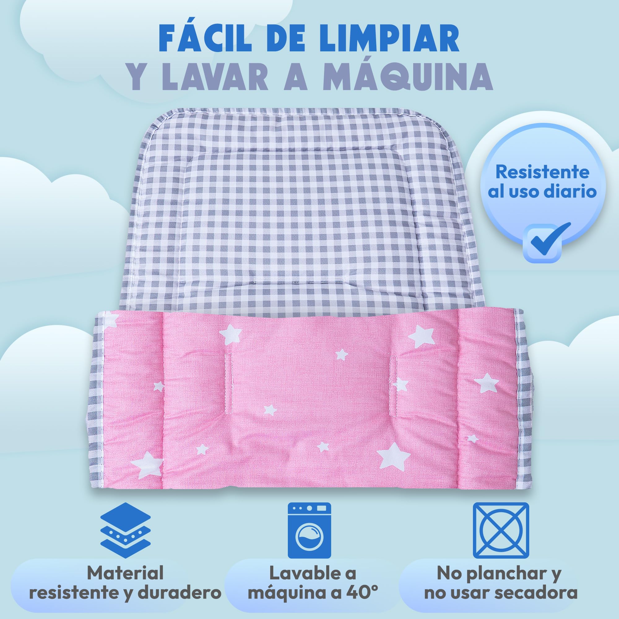 Colchoneta silla paseo universal | Reversible (2 en 1) | Transpirable | Todo el Año | Lavable | Acolchado Mayor Comodidad del Bebé. Compatible mayoría marcas. Fabricado en España (Rosa)