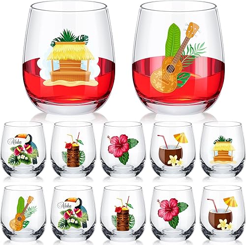 Zhehao 12 copas de vino sin tallo de verano de 12 onzas TiKi Party Copa de vino hawaiana Luau Fiesta Copa de vino hawaiana Aloha Copa de vino