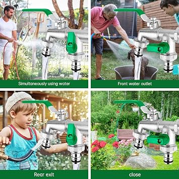 Brass Double Garden Tap,Universal1/2 Inch Dual Outlet, Outdoor Water Tap, Rust and Frost Resistant + 4 Hose Connectors, Water Faucet Outside Tapfor Garden Patio & Lawn