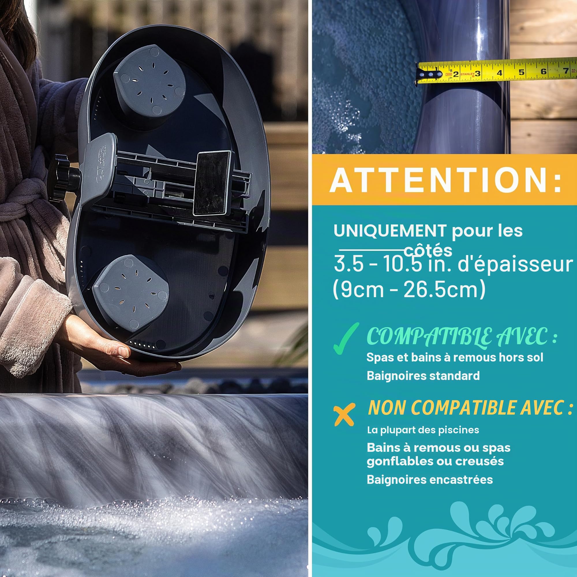 Star Splash Plateau Réglable pour Jacuzzi - Table d'Appoint Antidérapante & Robuste avec Porte Verres - Se Fixe sur Les Rebords de Baignoire, Bain à Remous Hors Sol & Spa - 43 x 25 x 10 cm