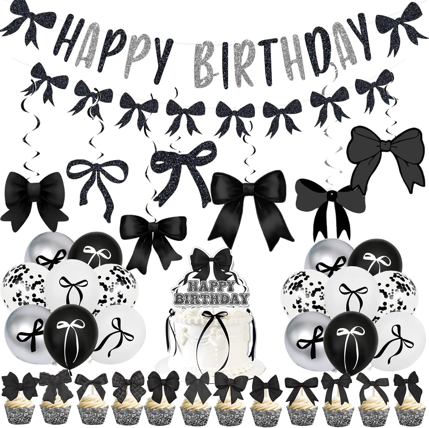Black Bow Birthday Decorations, Happy Birthday Banner Garland and Hanging Swirls, 16 Pcs Balloons, Cake Toppers, Bow Themed Party Decorations for Girls Women