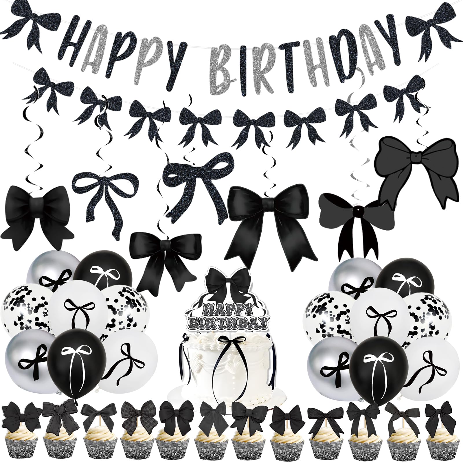 Holkcog Black Bow Birthday Party Decorations - Banner, Cake Toppers, Balloons For Girls