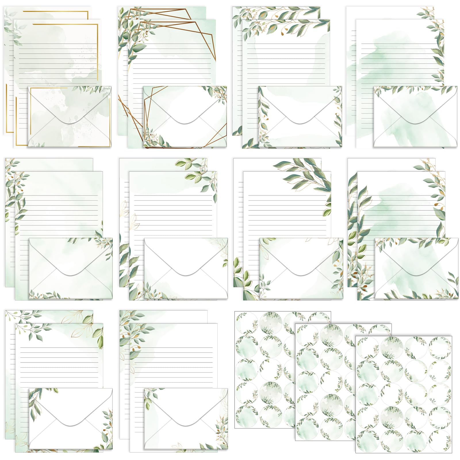 TaoBary 160 Pcs Stationery Paper Set 50 Double Sided Stationery Papers with 50 Matching Envelopes and 60 Round Dot Sticker, 10 Design(Eucalyptus,5.5 x