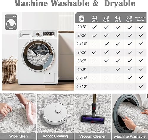 Miniatura 6 de jinchan Alfombra de área gris floral de 8 x 10 pies, envejecida, delgada, vintage, retro, antideslizante, para interiores, cocina, sala de estar,