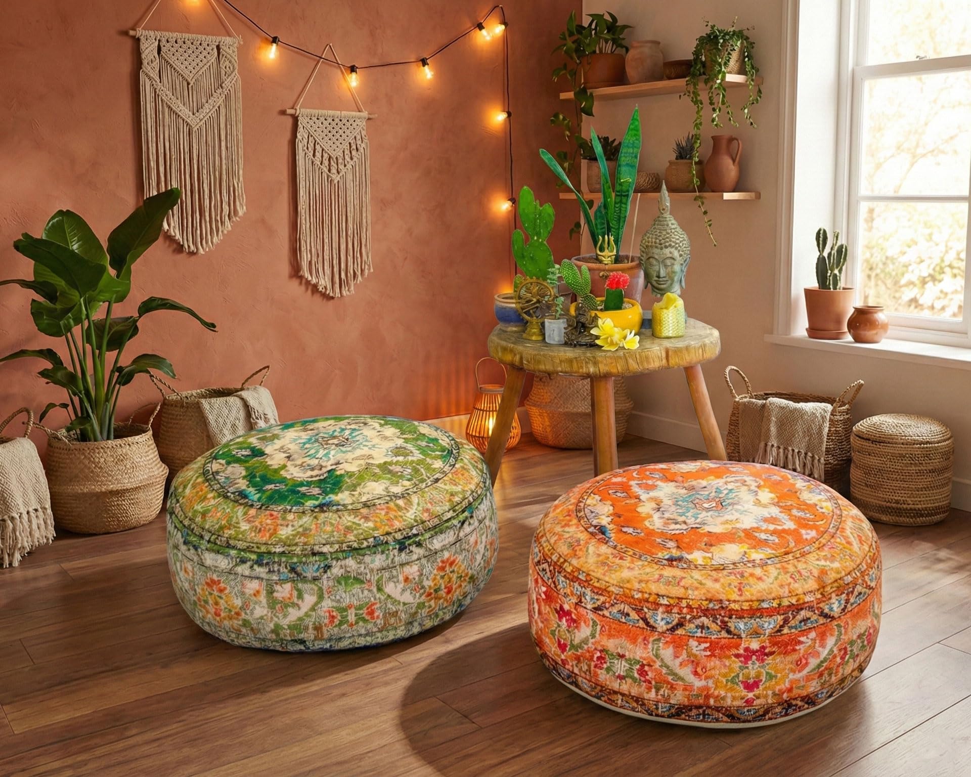 Mandala Life ART Funda de cojín de Piso Bohemian Rug - Redonda 60x20 cm - Puf de decoración de habitación Artesanal de Lujo para meditación, Yoga y Boho Chic Funda de Almohada de Piso para Asientos