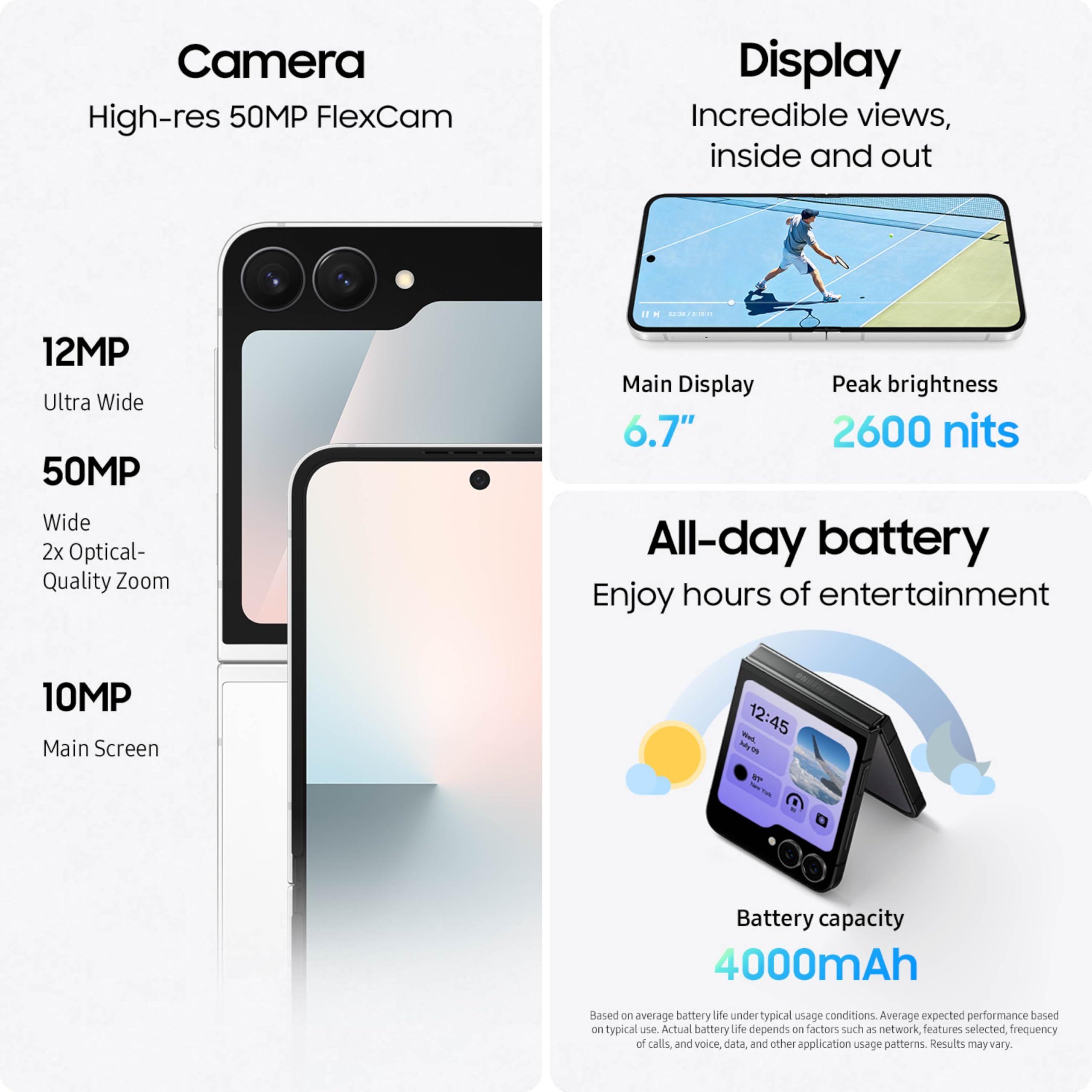 Samsung Galaxy Z Flip7 FE Cell Phone, 256GB AI Smartphone, Unlocked Android, Long Battery Life, 2025, US 1 Yr Manufacturer Warranty, White