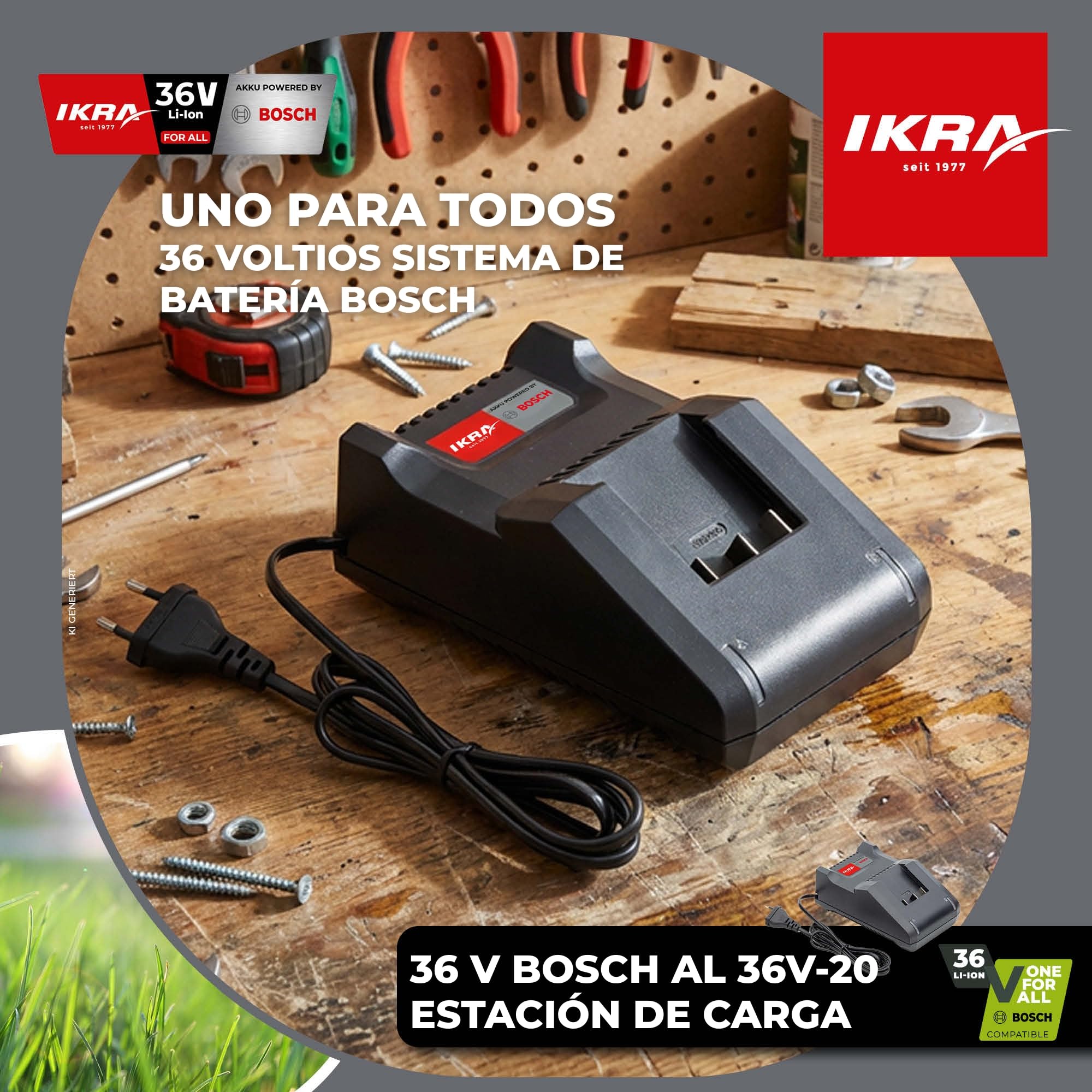IKRA Cargador de batería 36V estación de Carga Tipo AL 36V-20 indicador LED | Compatible con los aparatos Bosch de 36V, protección integrada de las celdas contra el sobrecalentamiento y la sobrecarga