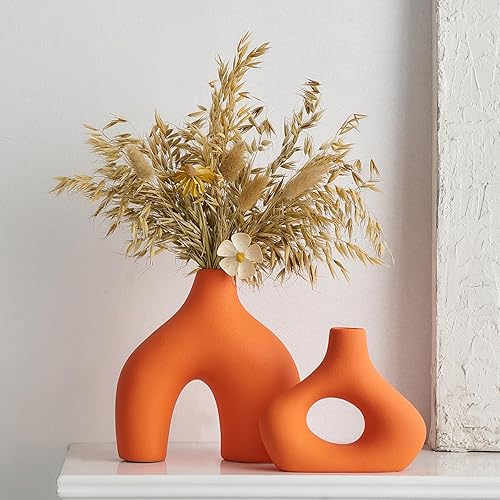 Juego de 2 jarrones de cerámica naranja mate para flores, decoración rústica del hogar para sala de estar, centro de mesa, decoración estética