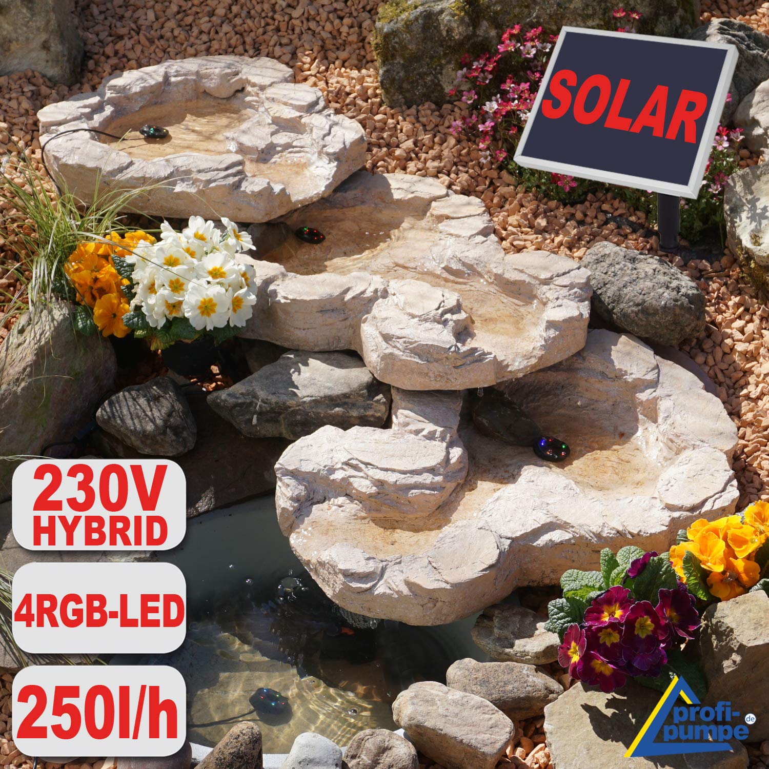 Solarna opalenizna ogrodowa Quellbach II z oświetleniem LED/systemem hybrydowym, 230 V, do kąpieli dla ptaków, wodospad, lampa ogrodowa, pompa do stawu