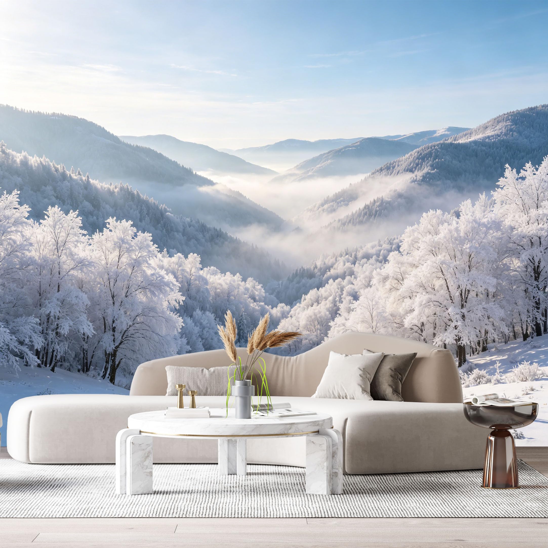 Custom Size Wall Murals Winter Mountain Landscape Snow Forest Misty Valley SelfAdhesive Wall Fabric Removable Large Wallpaper for Photo Living Room