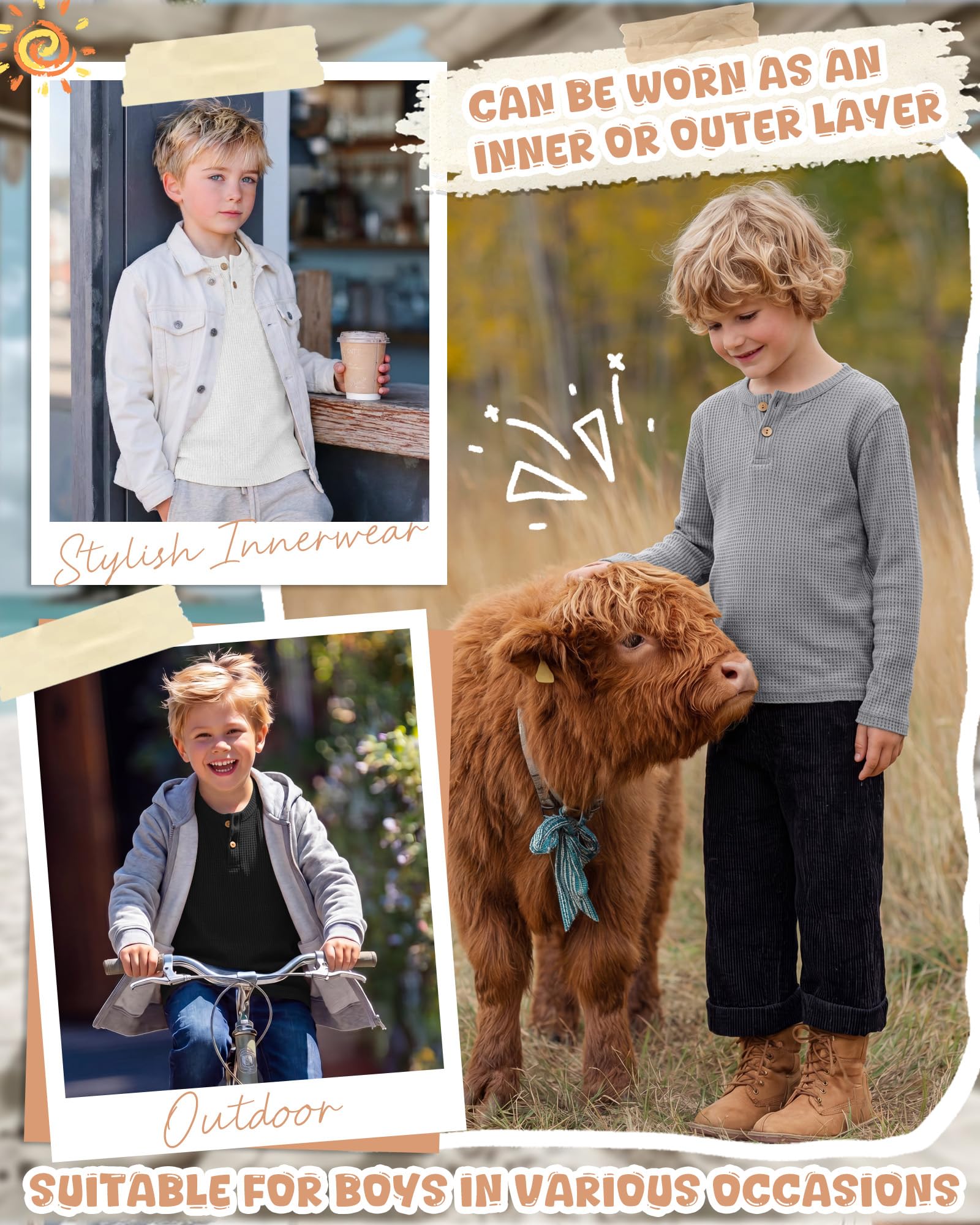 Clabby Pack de 3 Camisetas Henley de Manga Larga para niño Estilo gofre, térmicas de Punto de algodón Ideales para el Colegio