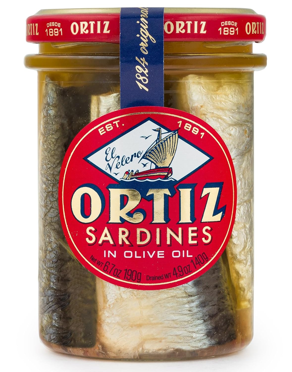 Ortiz Sardines A la Antiqua 'Old Style', Moist and Tender, Wild Caught in Spain and Hand-Packed in Premium Extra Virgin Olive Oil, Enjoy in Salads, Sandwiches and on Toast, 6.7oz Jar (Pack of 6)