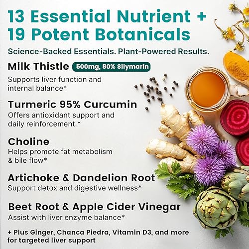 Miniatura 3 de Suplemento de apoyo hepático 32 en 1 con fórmula de salud hepática de extracto de alcachofa, extracto de cardo mariano, polvo de remolacha, raíz de