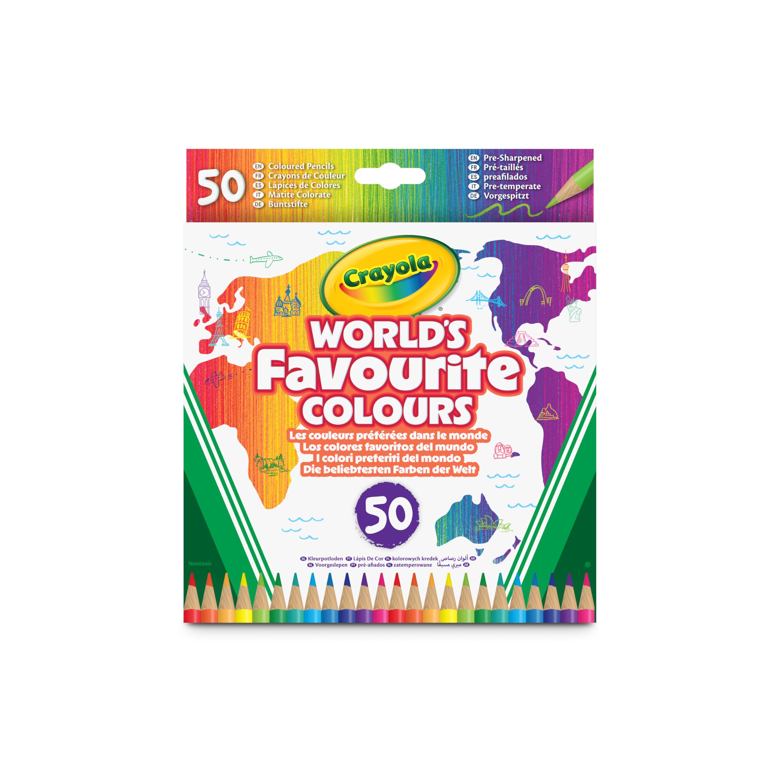 CRAYOLA World's Favourite Colours - 50 Coloured Pencils in World's Favourite Colours, Soft Drawing and Durable Leads, Artistic Materials for Children from 3 Years and Adults, 68-7514