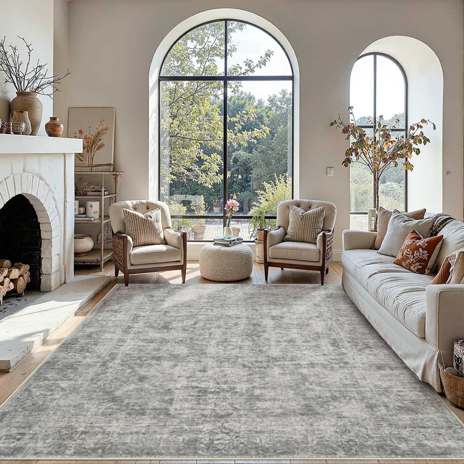 8x10 Area Rugs for Living Room, Large Washable Rug, Grey Vintage Abstract Boho Rug, Non Slip & Low Pile Faux Wool Carpet for Indoor Dining Room, Farmhouse and Bedroom(Grey 8x10ft)