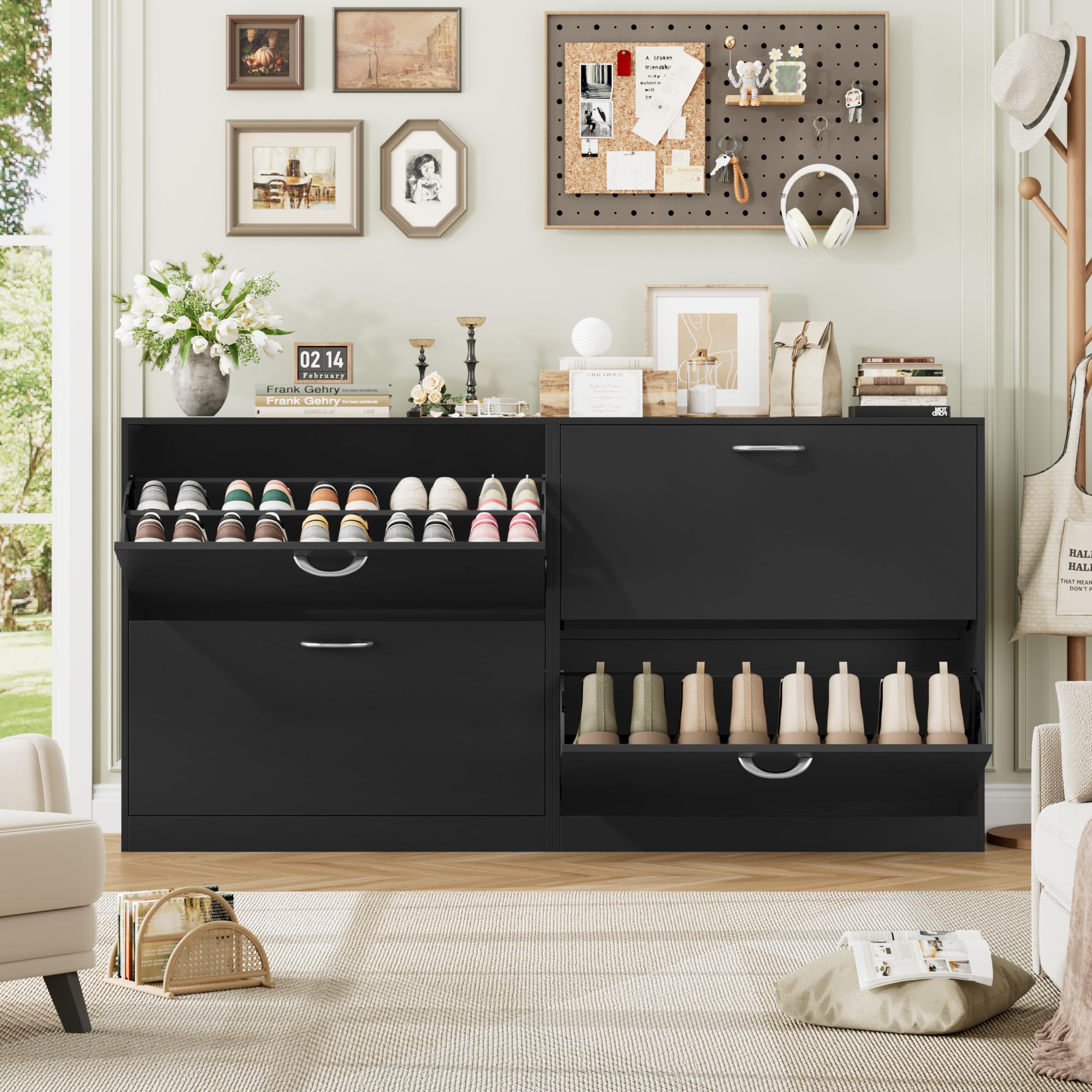 FirFurd Schuhschrank schwarz mit Schuhkipper für 8-16 Parre, Schuhregal platzsparend für Schuhaufbewahrung schmaler Schuhschrank 80cm breit für Diele, Flur, Eingang 80x80x23,5cm
