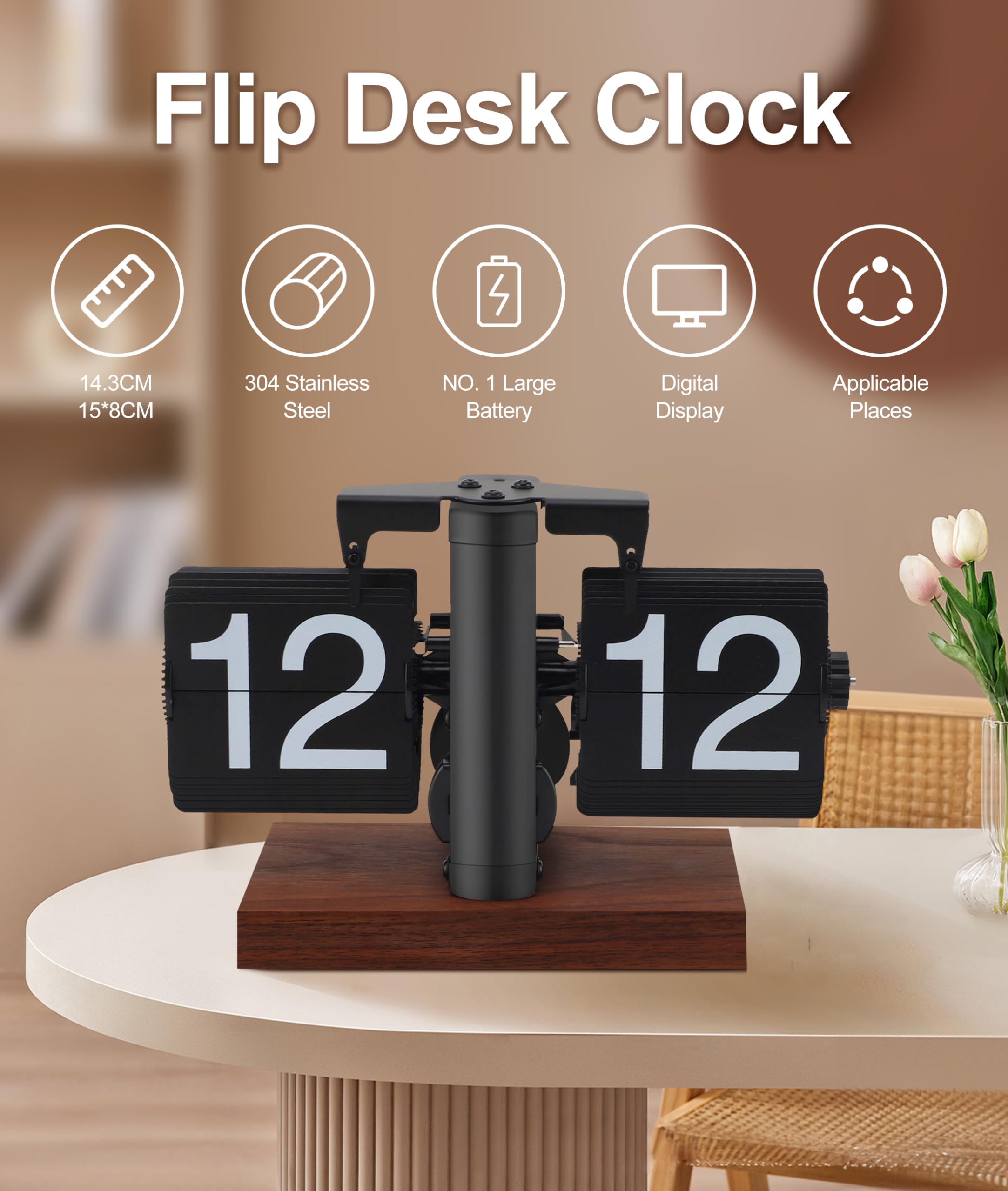 Gugxiom Flip-Schreibtischuhr, 24-Stunden-Retro-Digital-Flip-Schreibtischuhr mit Walnussholzsockel, Internes Zahnradbetriebene, Batteriebetriebene Mechanische Schmelzuhr für die, Gugxiom2esfp6qkuc
