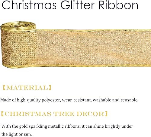 Miniatura 7 de Cinta metálica de Navidad con purpurina para envolver regalos, corona de árbol de Navidad, manualidades, malla dorada con borde con alambre,