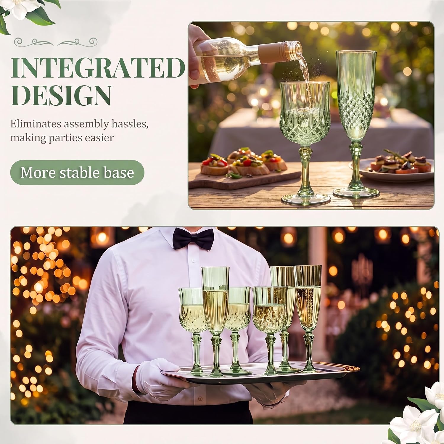 Sliner 48 Pack Plastic Vintage Wine Glasses and Champagne Flutes Set, Green