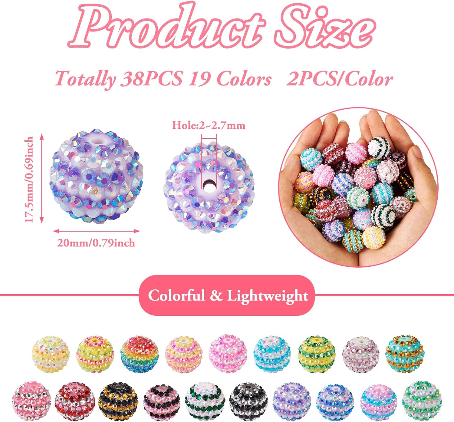 38Pcs 20mm Striped Round Rhinestone Beads 19 Colors Pave Disco Ball Beads Chunky Bubblegum Beads Glitter Focal Beads for Crafts Pens Jewelry Making