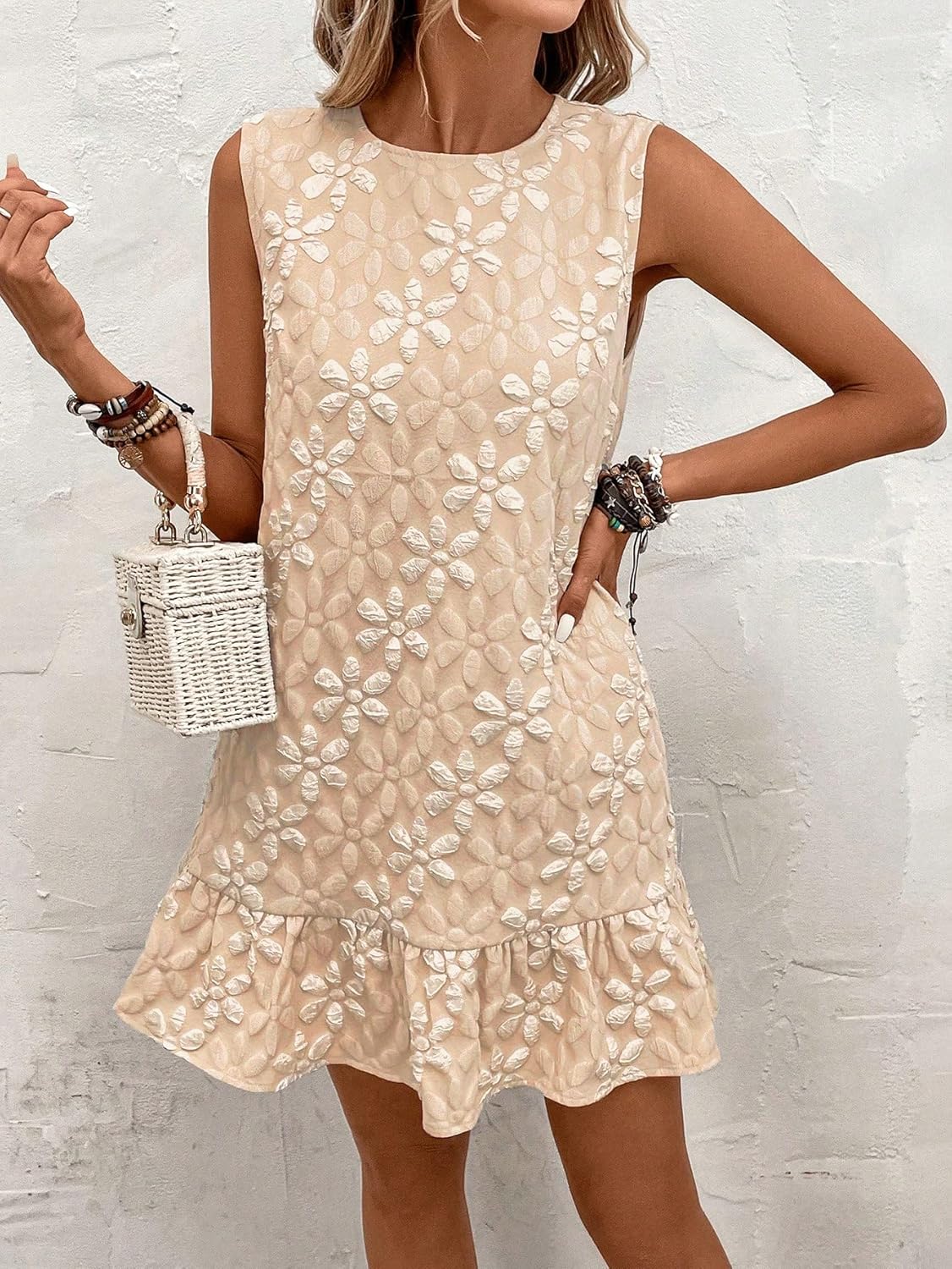 SOLY HUX Women's Sleeveless Tank Dress Round Neck Ruffle Hem Casual Jacquard Hem Smock Summer Mini Dresses for Women - Image 4