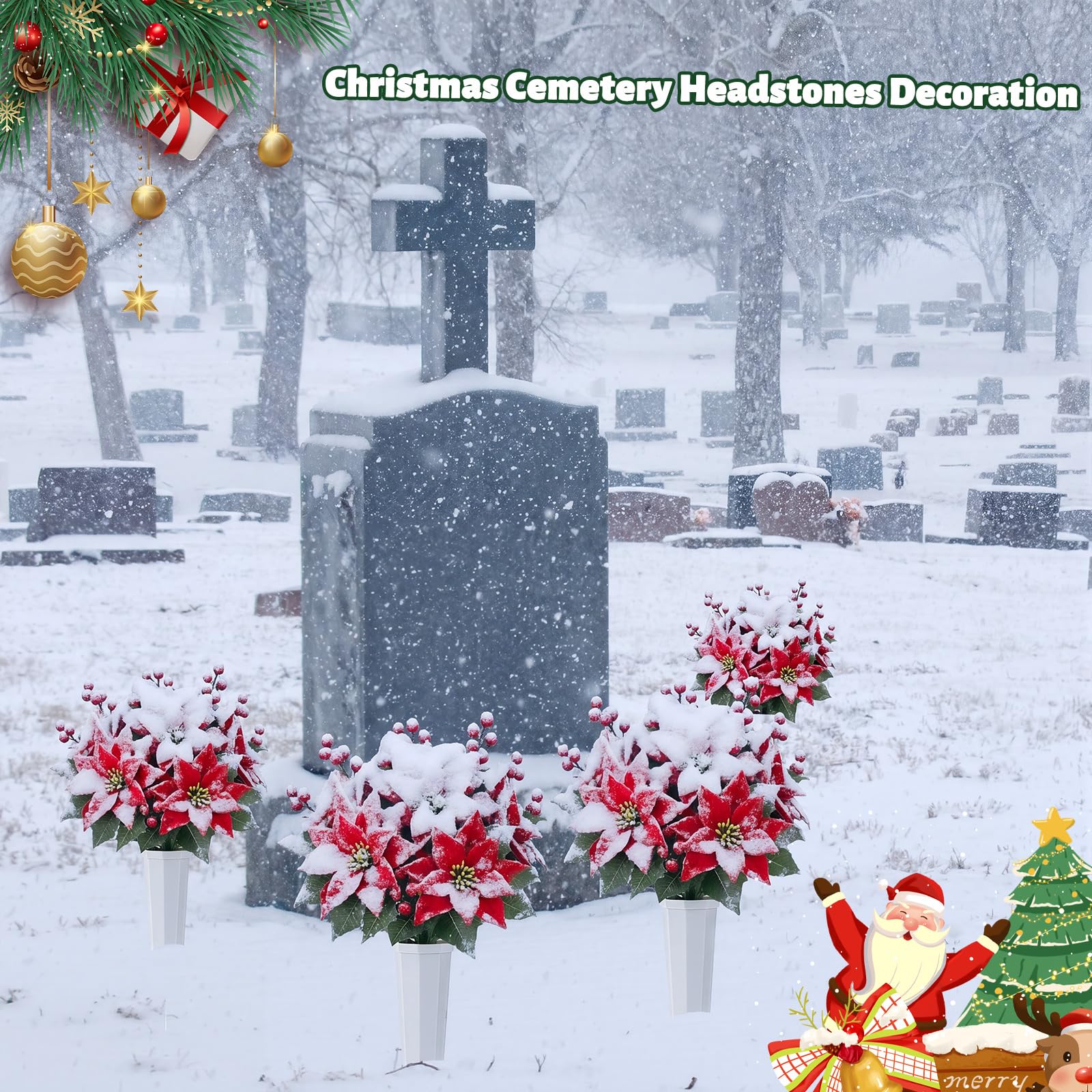 Thiccywoov Lot de 4 poinsettias artificiels de Noël avec vase pour tombe en velours rouge, bouquet de baies de cimetière, fleurs commémoratives pour décoration de cimetière