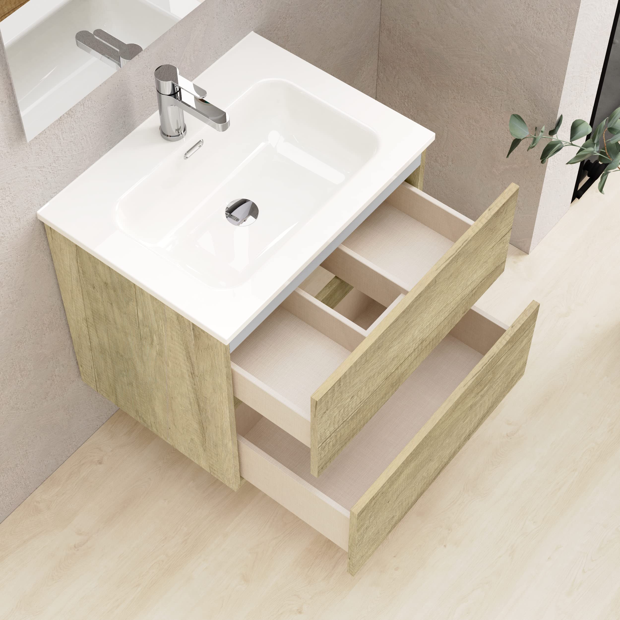 Baikal Meuble de Salle de Bains, Armoire Suspendue avec Vasque en Ceramique, Hauteur 55 cm, Largeur 60 cm, 2 Tiroirs, Finition Nature, Meuble Monte