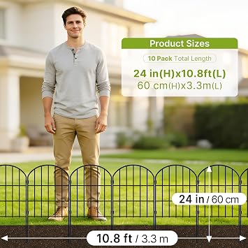 Thealyn Decorative Garden Fence 61cm H x 33cm W (10 Panels, Total Length 3.3m) Metal No Dig Fence Outdoor Border for Flower Bed, Yard, Animal Barrier,Rectangle